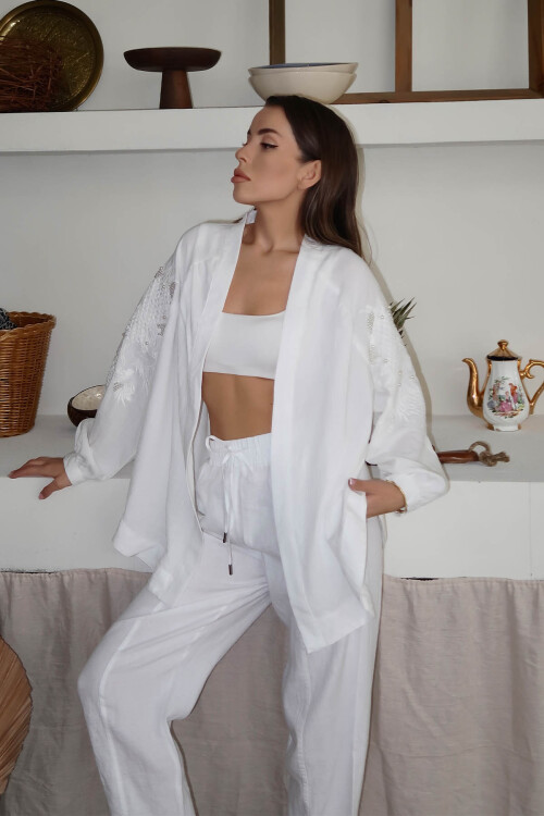 Ekru İnci İşlemeli Oversize Kimono 4KXK4-47952-52 - 3