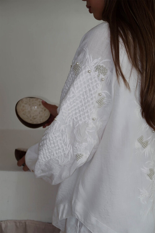 Ekru İnci İşlemeli Oversize Kimono 4KXK4-47952-52 - 5