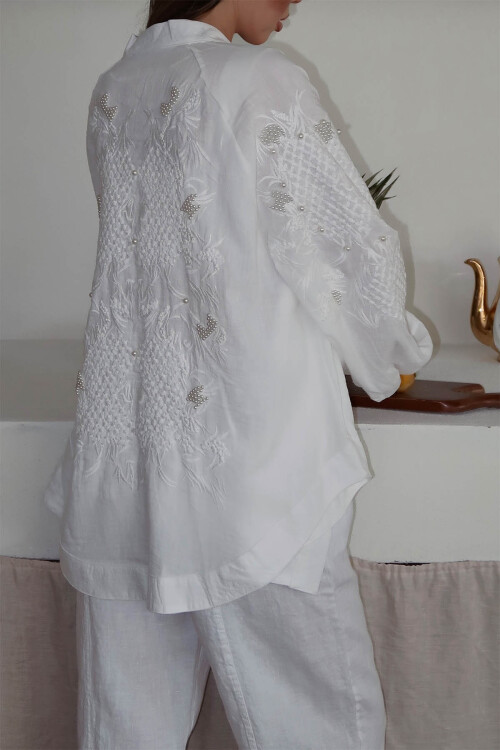Ekru İnci İşlemeli Oversize Kimono 4KXK4-47952-52 - 6