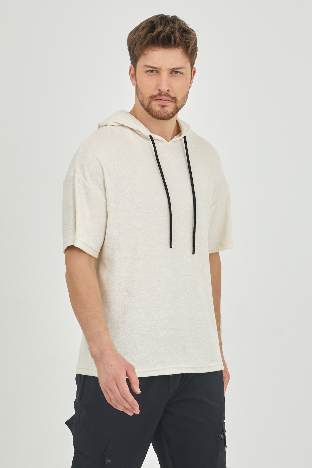 Ekru Kısa Kol Baharlık Kapüşonlu Sweatshirt 1KXE8-44653-52 