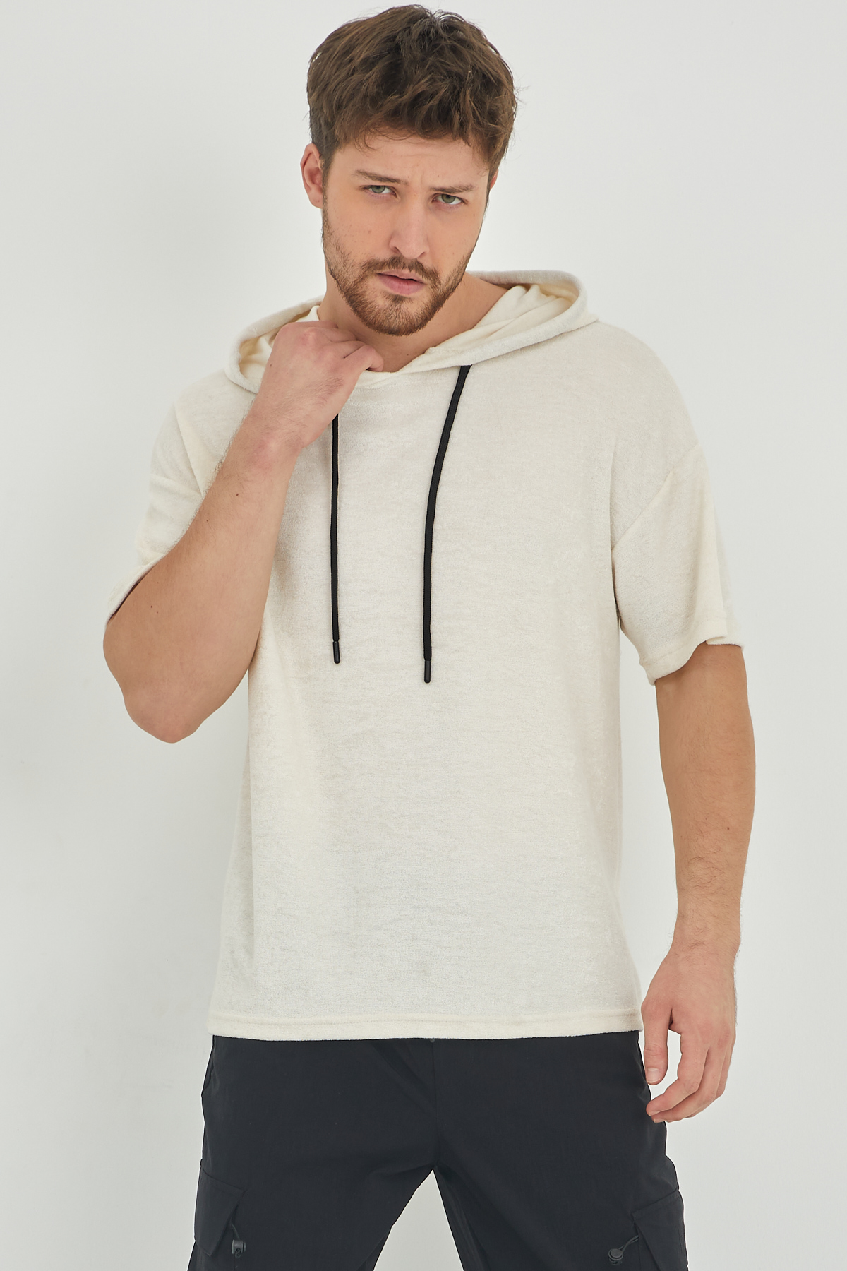 Ekru Kısa Kol Baharlık Kapüşonlu Sweatshirt 1KXE8-44653-52 - 2
