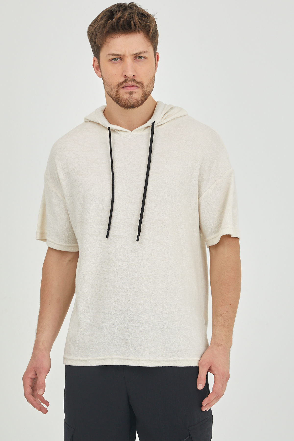 Ekru Kısa Kol Baharlık Kapüşonlu Sweatshirt 1KXE8-44653-52 - 3