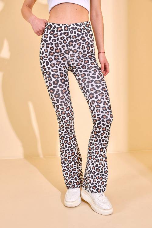 Ekru Leopar Desenli İspanyol Paça Tayt 2KXK5-46028-52 - 5