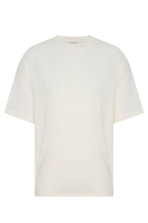 XHAN - Ekru Likralı Gofre Oversize T-Shirt 2YXE2-45981-01