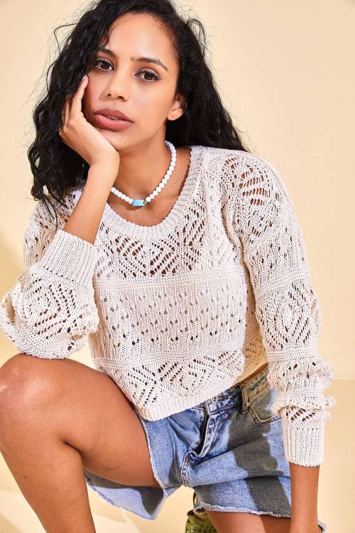 Ekru Mevsimlik Örgü Crop Bluz 2YXK2-46293-52 - 6