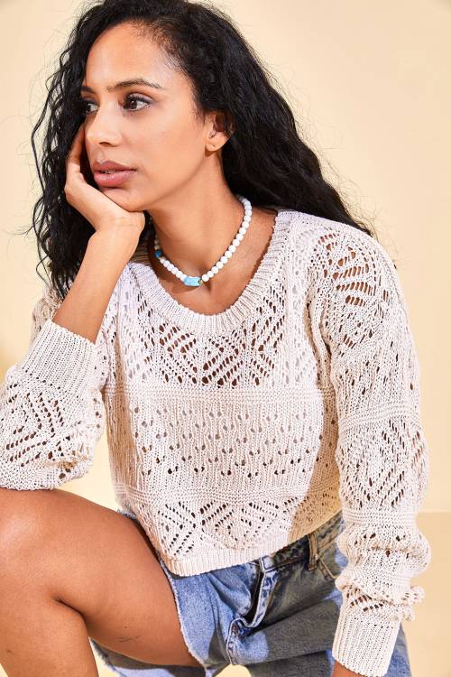 Ekru Mevsimlik Örgü Crop Bluz 2YXK2-46293-52 - 7