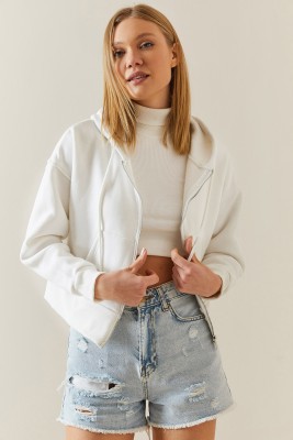 XHAN - Ekru Şardonlu Fermuarlı & Kapüşonlü Sweatshirt 4KXK8-47837-52