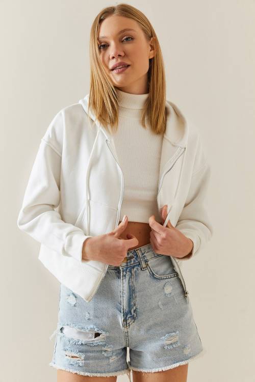 Ekru Şardonlu Fermuarlı & Kapüşonlü Sweatshirt 4KXK8-47837-52 - 2