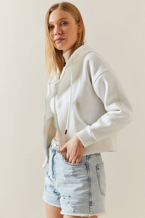 Ekru Şardonlu Fermuarlı & Kapüşonlü Sweatshirt 4KXK8-47837-52 - 4