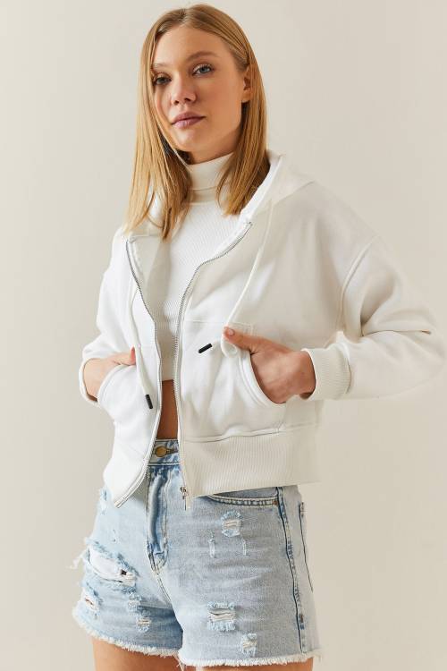 Ekru Şardonlu Fermuarlı & Kapüşonlü Sweatshirt 4KXK8-47837-52 - 5