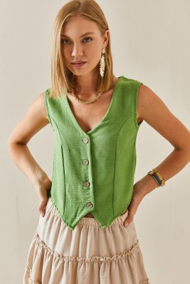 Fıstık Yeşili Düğmeli Crop Yelek 3YXK4-47434-41 - 2