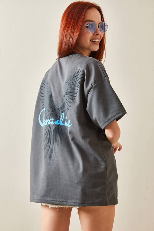 Füme Bisiklet Yaka Arkası Baskılı Oversize Tişört 5YXK1-48210-33 - 5