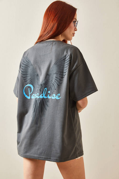 Füme Bisiklet Yaka Arkası Baskılı Oversize Tişört 5YXK1-48210-33 - 4