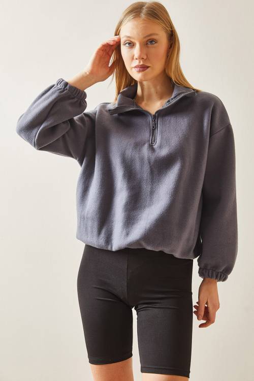 Füme Fermuarlı Dik Yaka Polar Sweatshirt 4KXK8-47854-33 - 2