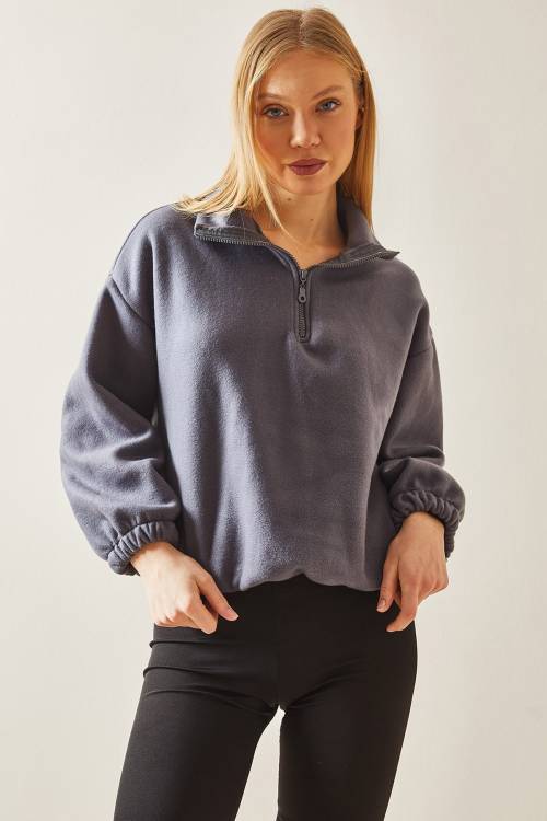 Füme Fermuarlı Dik Yaka Polar Sweatshirt 4KXK8-47854-33 - 4