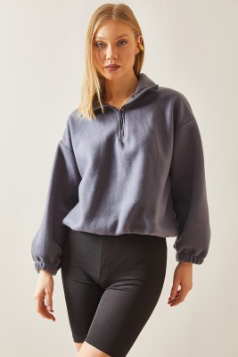 Füme Fermuarlı Dik Yaka Polar Sweatshirt 4KXK8-47854-33 - 5