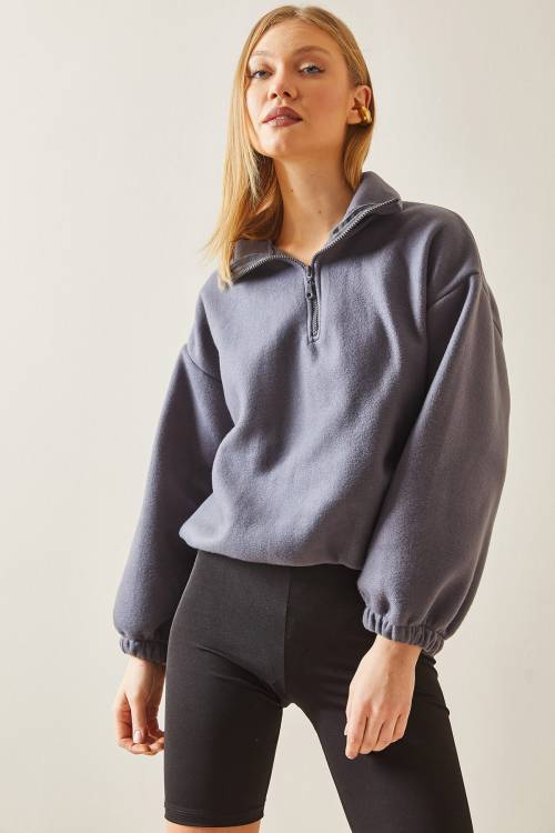 Füme Fermuarlı Dik Yaka Polar Sweatshirt 4KXK8-47854-33 - 6