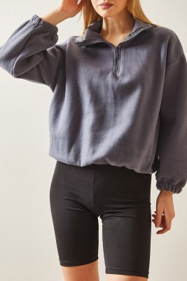Füme Fermuarlı Dik Yaka Polar Sweatshirt 4KXK8-47854-33 