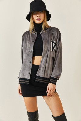 Füme Rengi Şeritli Kadife Bomber Ceket 3KXK4-46853-33 - 2