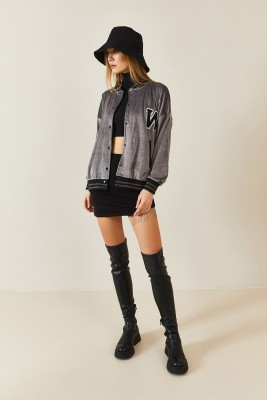 Füme Rengi Şeritli Kadife Bomber Ceket 3KXK4-46853-33 - 4