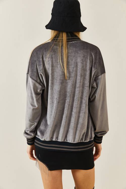 Füme Rengi Şeritli Kadife Bomber Ceket 3KXK4-46853-33 - 8