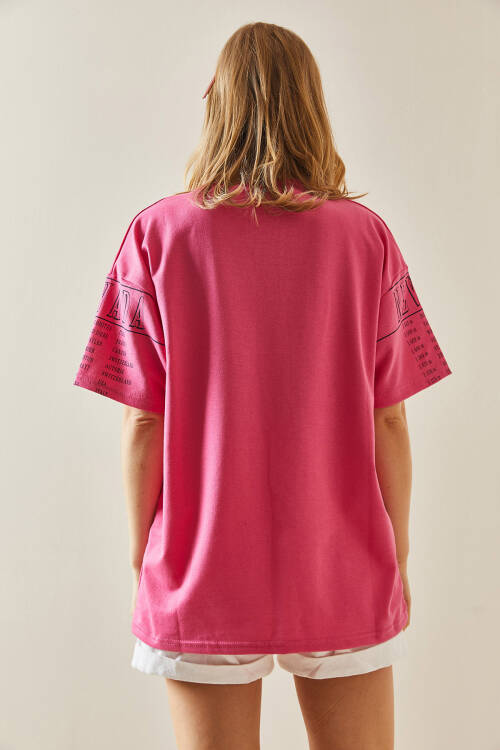 Fuşya Baskılı Bisiklet Yaka Oversize Tişört 5YXK1-48004-07 - 6