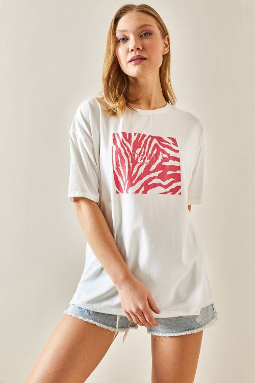 Fuşya Bisiklet Yaka Baskılı Oversize Tişört 4KXK1-47924-07 - 3