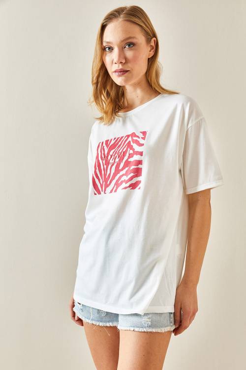 Fuşya Bisiklet Yaka Baskılı Oversize Tişört 4KXK1-47924-07 - 4