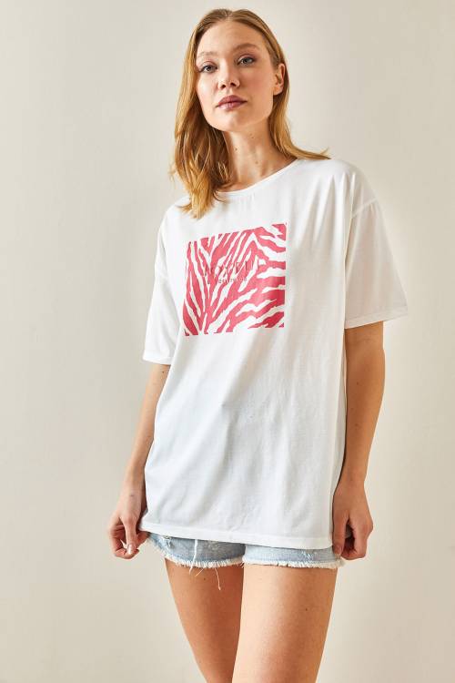 Fuşya Bisiklet Yaka Baskılı Oversize Tişört 4KXK1-47924-07 - 6