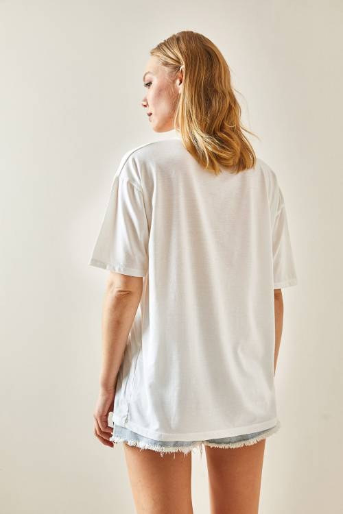 Fuşya Bisiklet Yaka Baskılı Oversize Tişört 4KXK1-47924-07 - 7