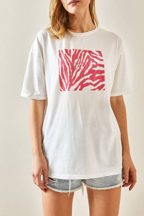 Fuşya Bisiklet Yaka Baskılı Oversize Tişört 4KXK1-47924-07 - 1