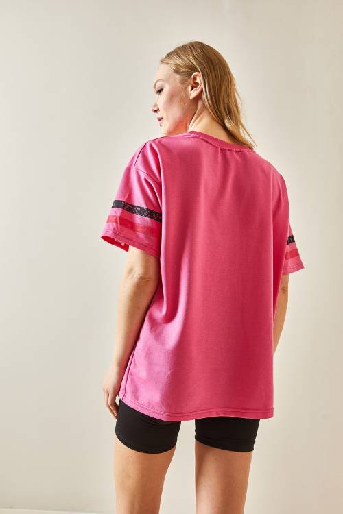 Fuşya Bisiklet Yaka Önü Baskılı Oversize Tişört 4KXK1-47926-07 - 5