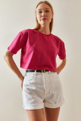 Fuşya Bisiklet Yaka Oversize Crop Tişört 4KXK1-47899-07 