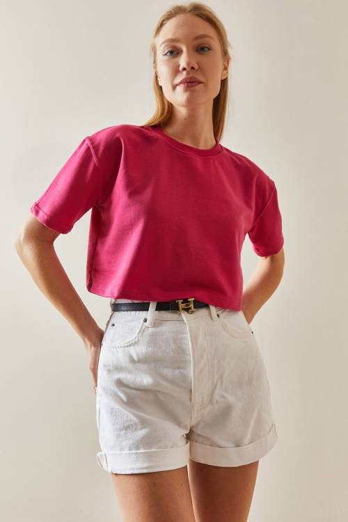 Fuşya Bisiklet Yaka Oversize Crop Tişört 4KXK1-47899-07 - 2