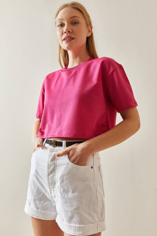 Fuşya Bisiklet Yaka Oversize Crop Tişört 4KXK1-47899-07 - 3