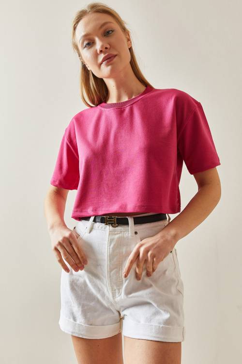 Fuşya Bisiklet Yaka Oversize Crop Tişört 4KXK1-47899-07 - 4