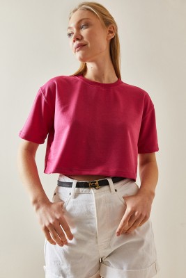 Fuşya Bisiklet Yaka Oversize Crop Tişört 4KXK1-47899-07 - 5