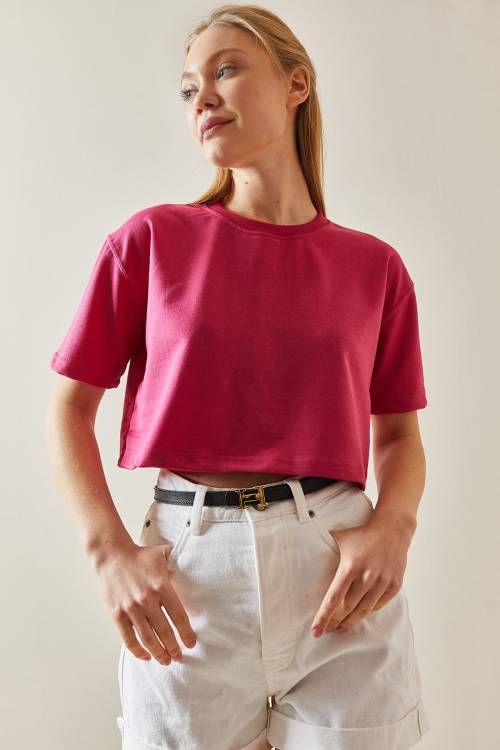 Fuşya Bisiklet Yaka Oversize Crop Tişört 4KXK1-47899-07 - 5
