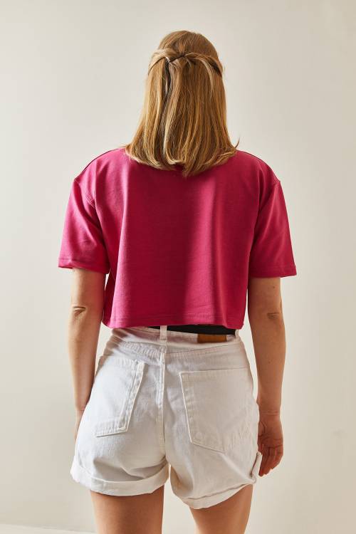 Fuşya Bisiklet Yaka Oversize Crop Tişört 4KXK1-47899-07 - 6