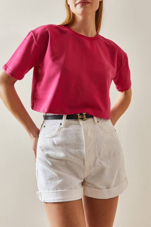 Fuşya Bisiklet Yaka Oversize Crop Tişört 4KXK1-47899-07 - 1