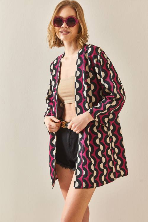 Fuşya Desenli Keten Kimono 3YXK4-47091-07 - 1