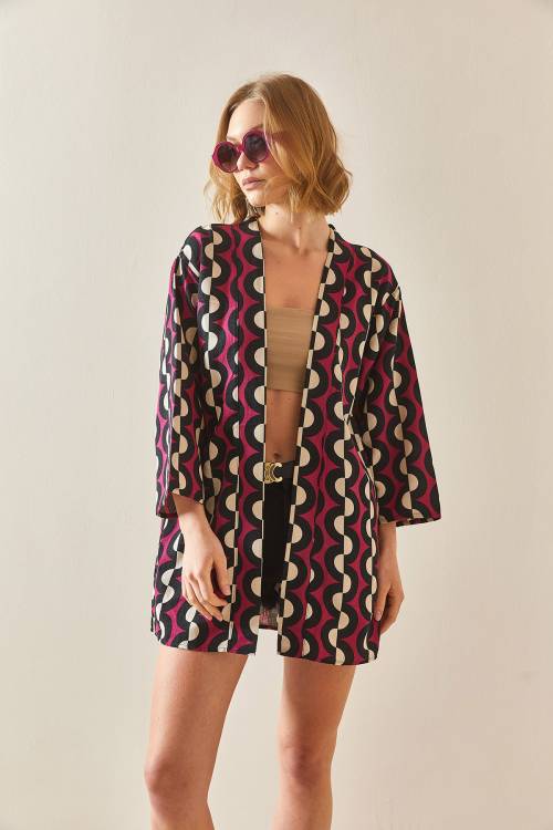 Fuşya Desenli Keten Kimono 3YXK4-47091-07 - 2
