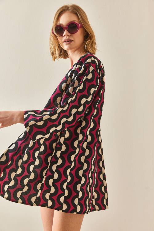 Fuşya Desenli Keten Kimono 3YXK4-47091-07 - 3