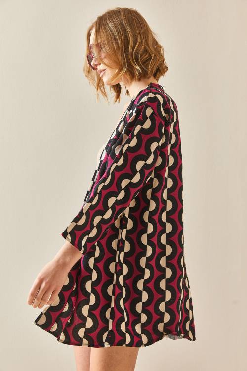 Fuşya Desenli Keten Kimono 3YXK4-47091-07 - 4