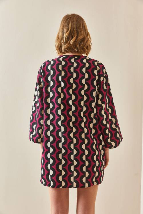 Fuşya Desenli Keten Kimono 3YXK4-47091-07 - 5