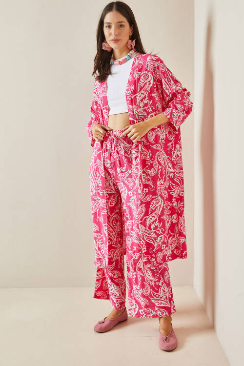 Fuşya Desenli Kimono Takım 5YXK8-48669-07 - 2