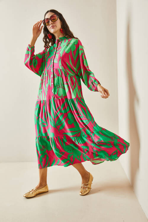 Fuşya Desenli Maxi Elbise 5YXK6-48504-07 - 5
