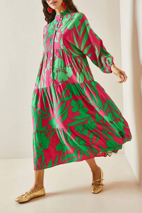 Fuşya Desenli Maxi Elbise 5YXK6-48504-07 - 1