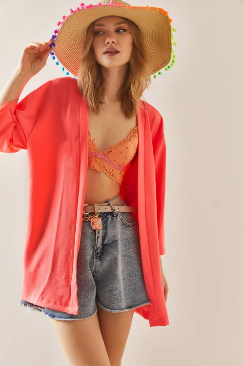 Fuşya Oversize Dokulu Kimono 3YXK4-46988-07 - 3
