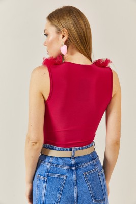 Fuşya V Yaka Tütü Detaylı Çıtçıtlı Bluz 3YXK2-46878-07 - 6